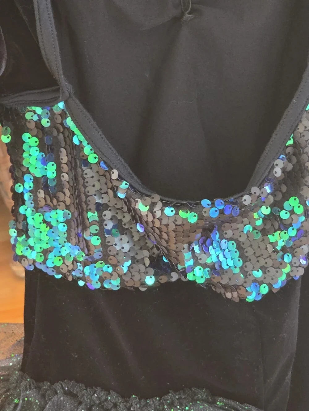 Weissman 8465 A WORLD ALONE Green Sequin Side Bustle Dance Costume Size LC 14